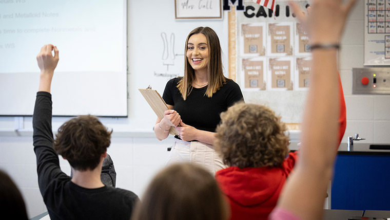 Angelina Call, a biology Missouri State alum, teaches her class at Marshfield High School.