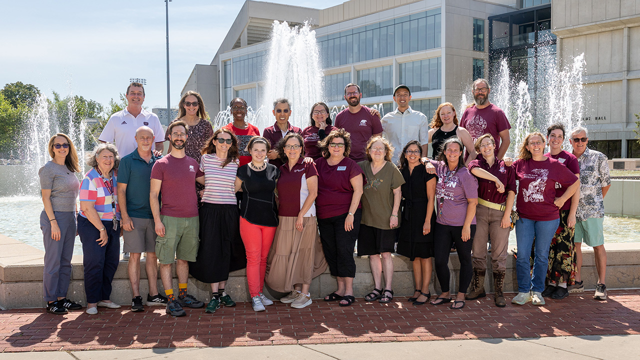 Biology department group photo in front of Hammons Fountain