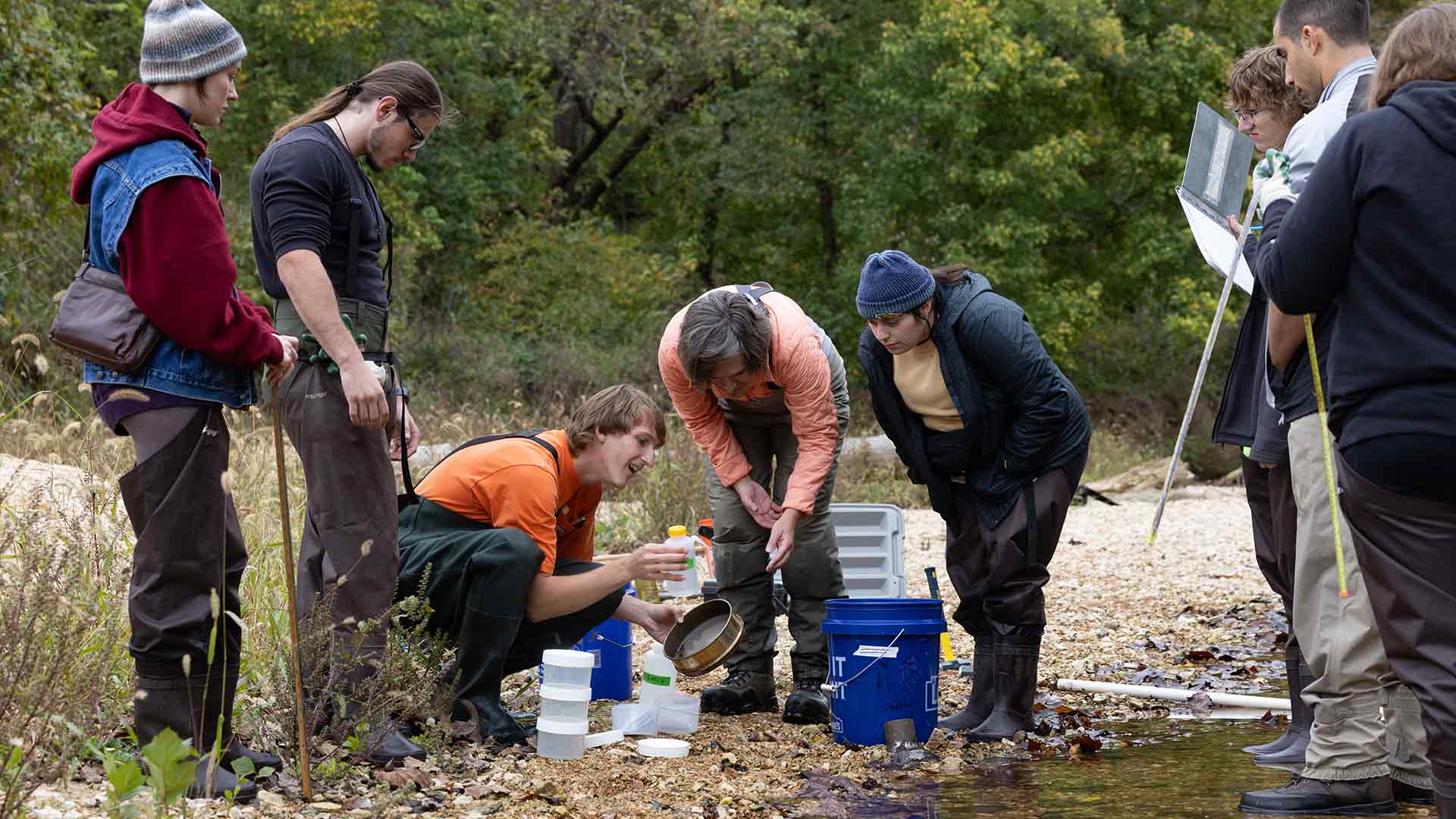 Biology professor Dr. Debra Finn and a group of students collect samples from a local creek for research.